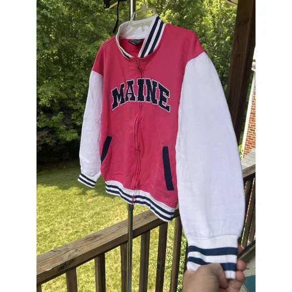 Women Girls Maine Spell Out Varsity Bomber Jacket Barbiecore Full Zip M 44”Chest - Picture 2 of 16